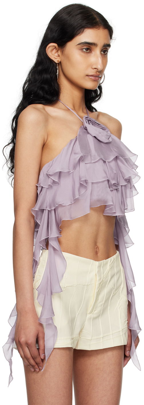 Съкратен топ Blumarine Flounce Halter Top with Rose Detail Лилаво | P444C092A, 1