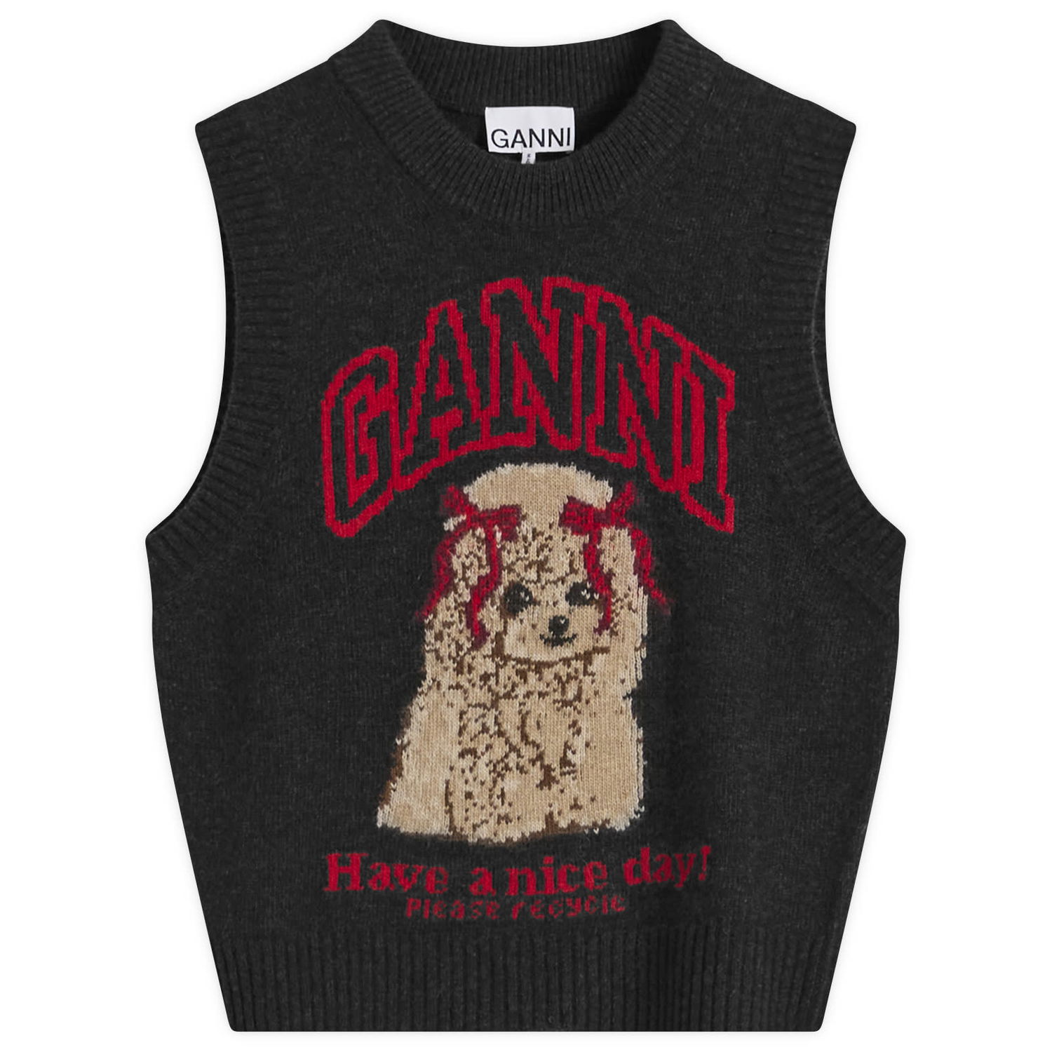 Жилетка GANNI Wool Knit Vest with Puppy Design and 'Have a nice day!' Slogan Черно | A1070044-052, 1
