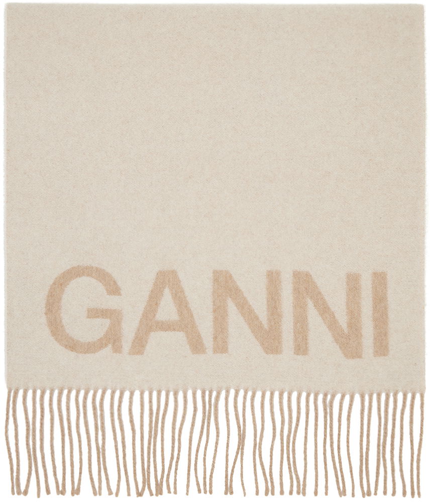 Шал GANNI GANNI Fringe Logo Scarf Бежово | A4491, 0
