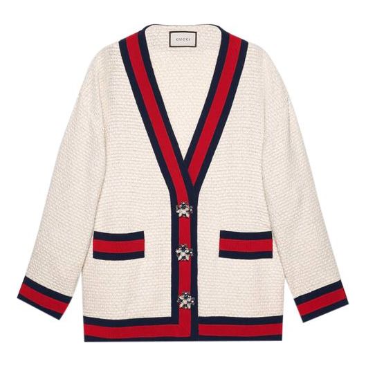 Пуловер Gucci Gucci Webbing Loose Fit Cardigan With Jeweled Buttons Бяло | 469657-ZID86-9401, 0