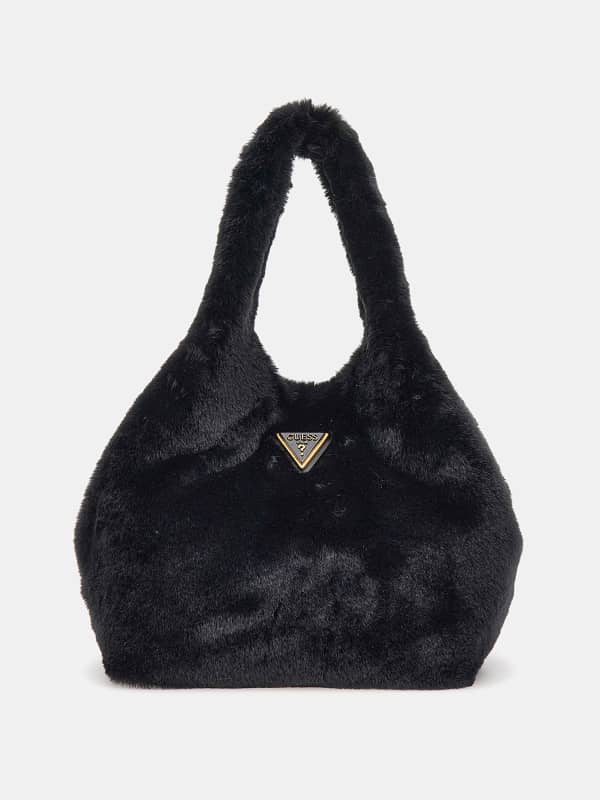 Голяма пазарска чанта GUESS Faux Fur Shopper Bag Черно | HWWB9355220