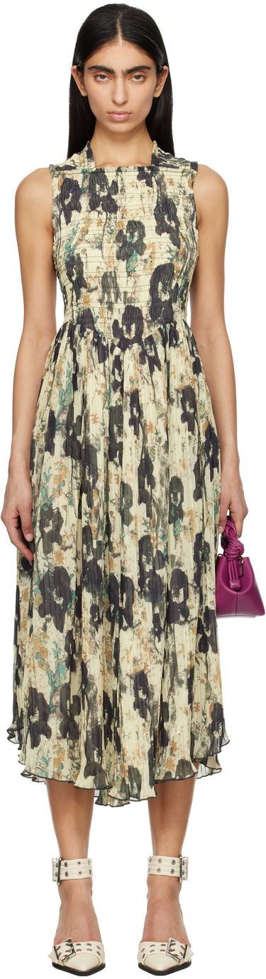 Pокля GANNI GANNI Printed Smocked Pleated Midi Dress Бежово | W0209, 0