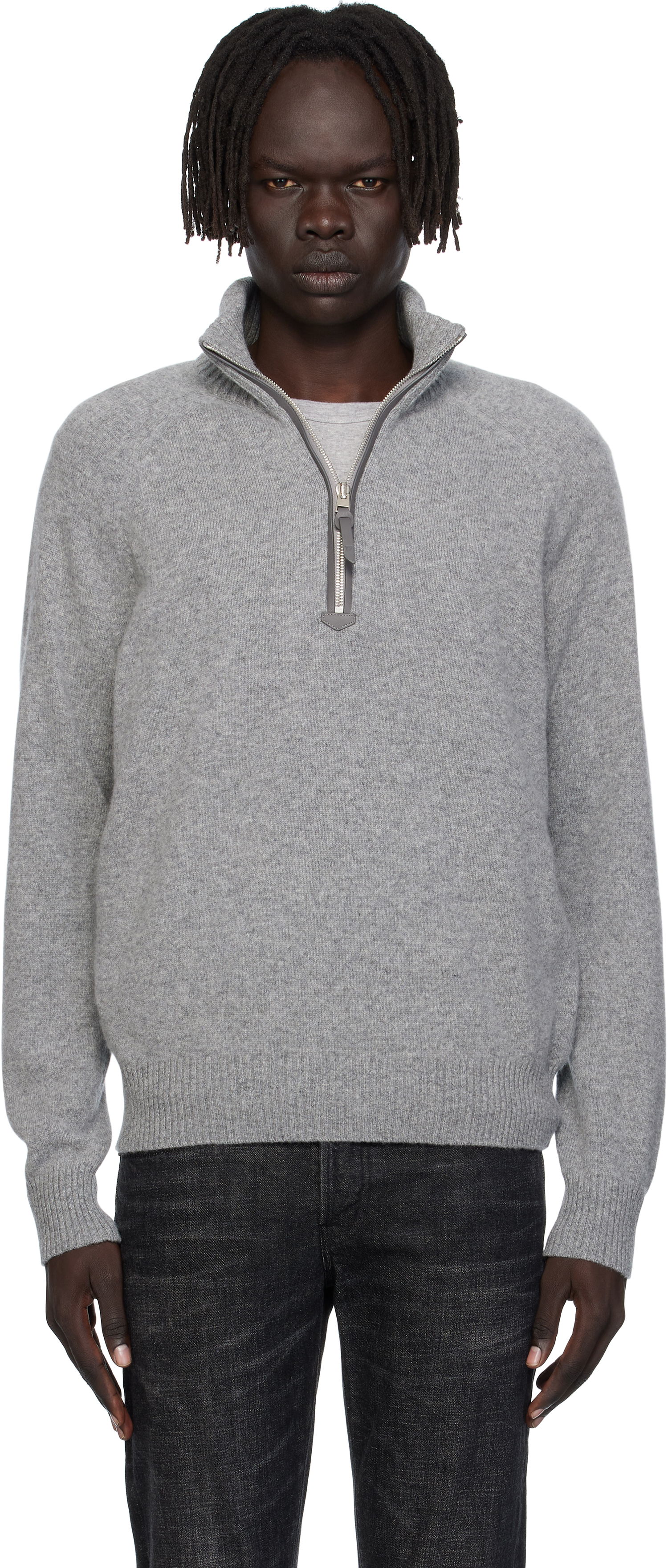 Пуловер Tom Ford TOM FORD Lambswool & Cashmere Half-Zip Sweater Сиво | KFL004-YMW106, 0