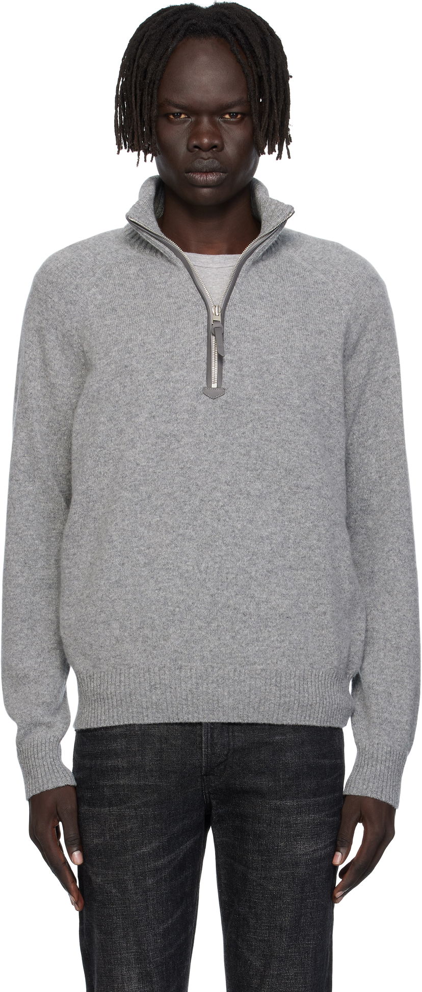 Пуловер Tom Ford TOM FORD Lambswool & Cashmere Half-Zip Sweater Сиво | KFL004-YMW106