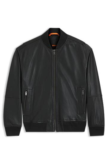 Яке бомбър BOSS Regular-Fit Textured Leather Bomber Jacket Черно | 50547545