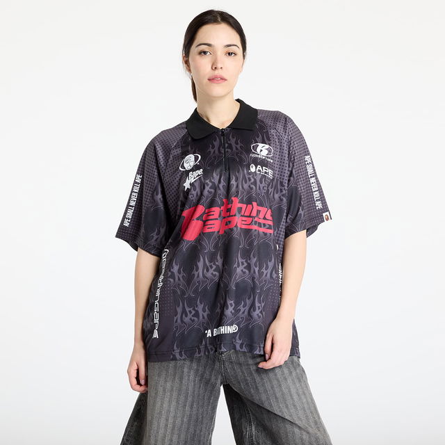 A BATHING APE Flame Pattern Overall Print Half Zip Relax Fit Polo Shirt