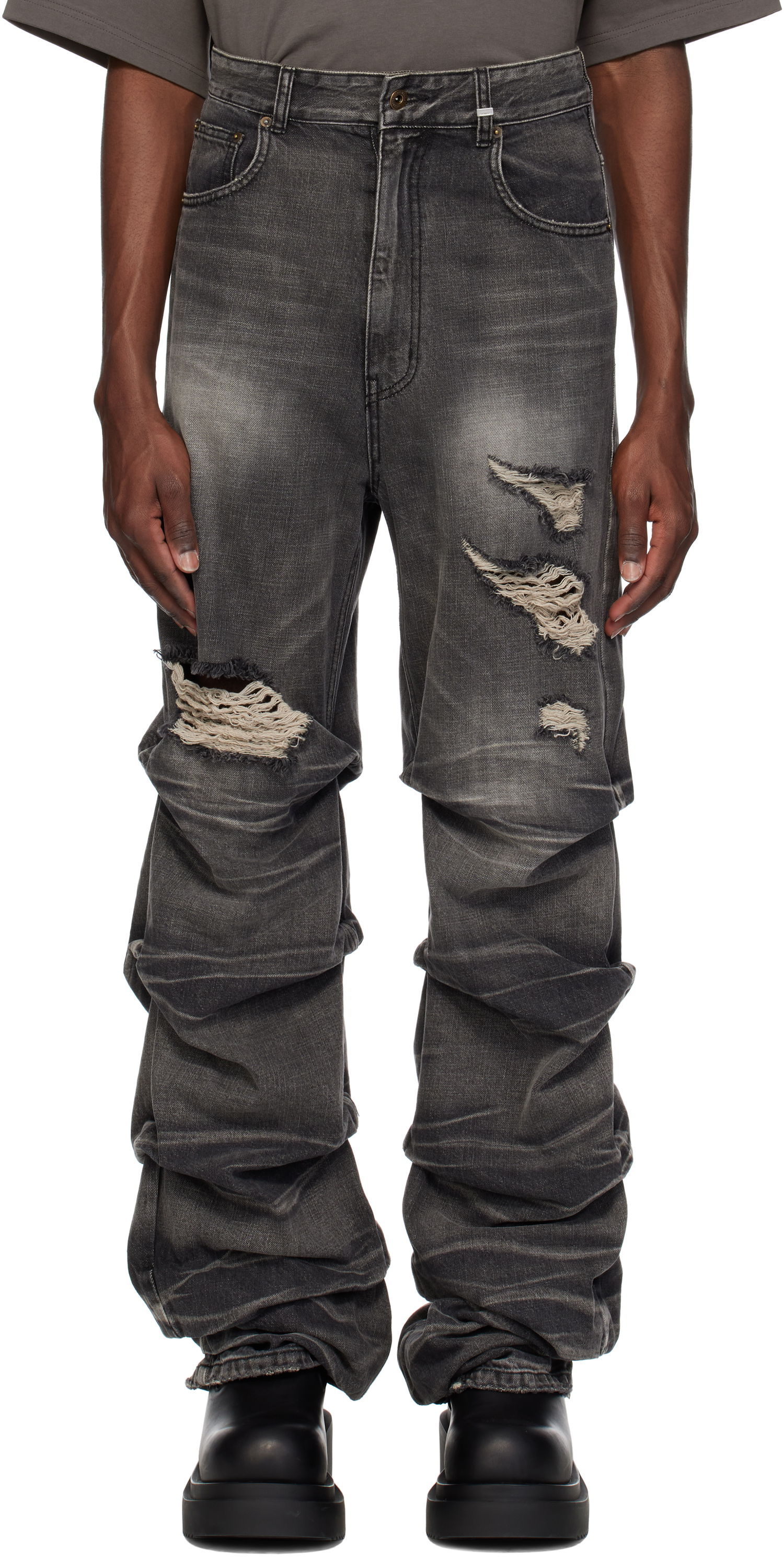 Дънки We11done We11done Distressed Wrinkled Straight Leg Jeans Сиво | WD-DP0-25-319-M-BK, 0