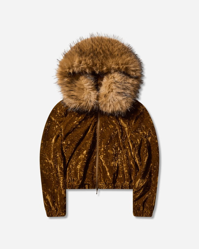 Faux Fur Trim Crushed Velour Hoodie
