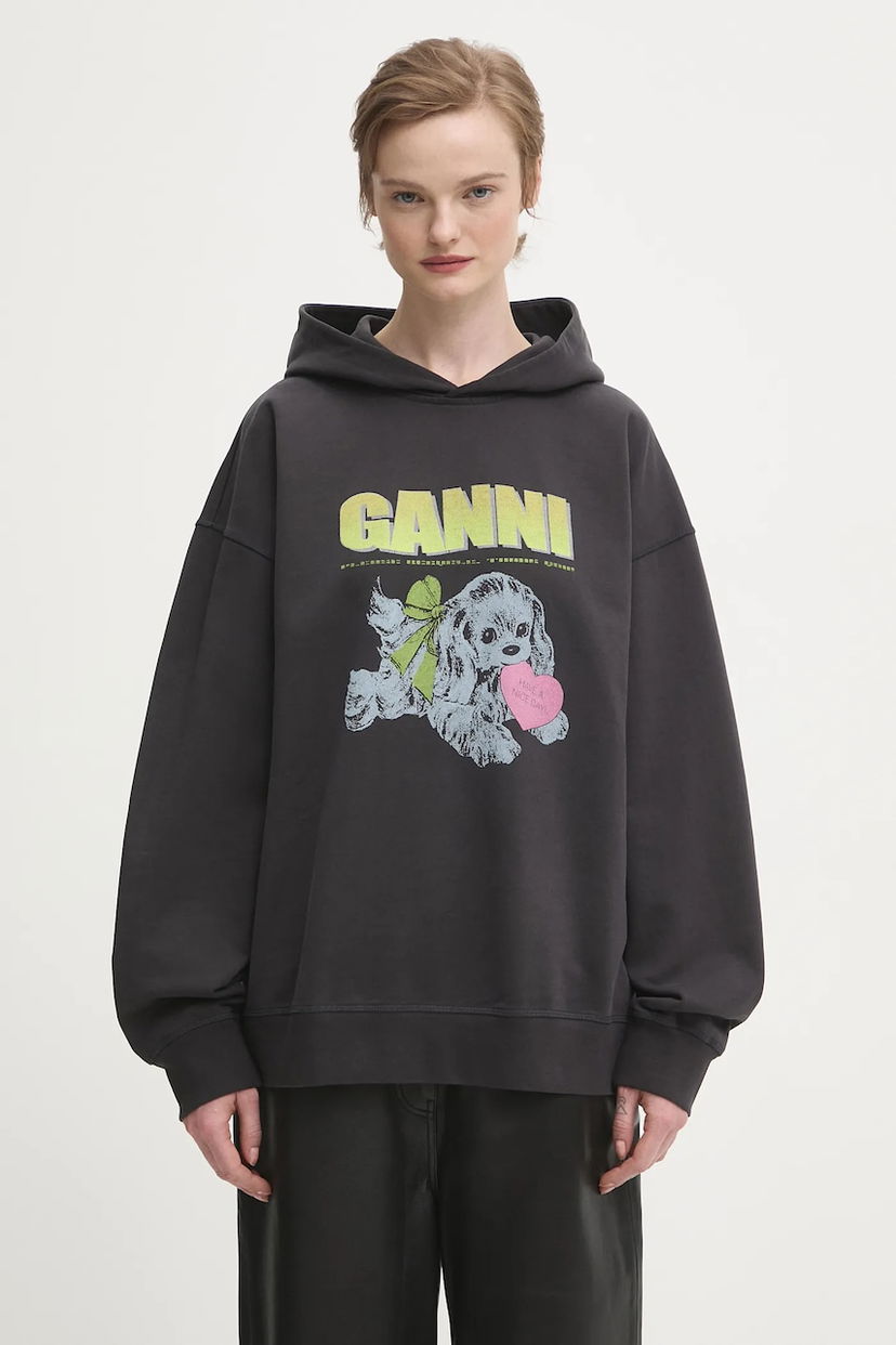 Суитчър GANNI Isoli Oversized Hooded Sweatshirt with Dog Print Сиво | T4360