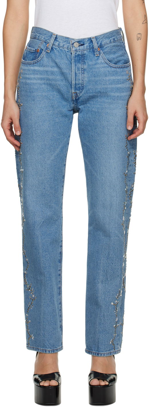 Дънки Anna Sui Exclusive Embroidered Straight Leg Jeans Синьо | 0123F40, 0