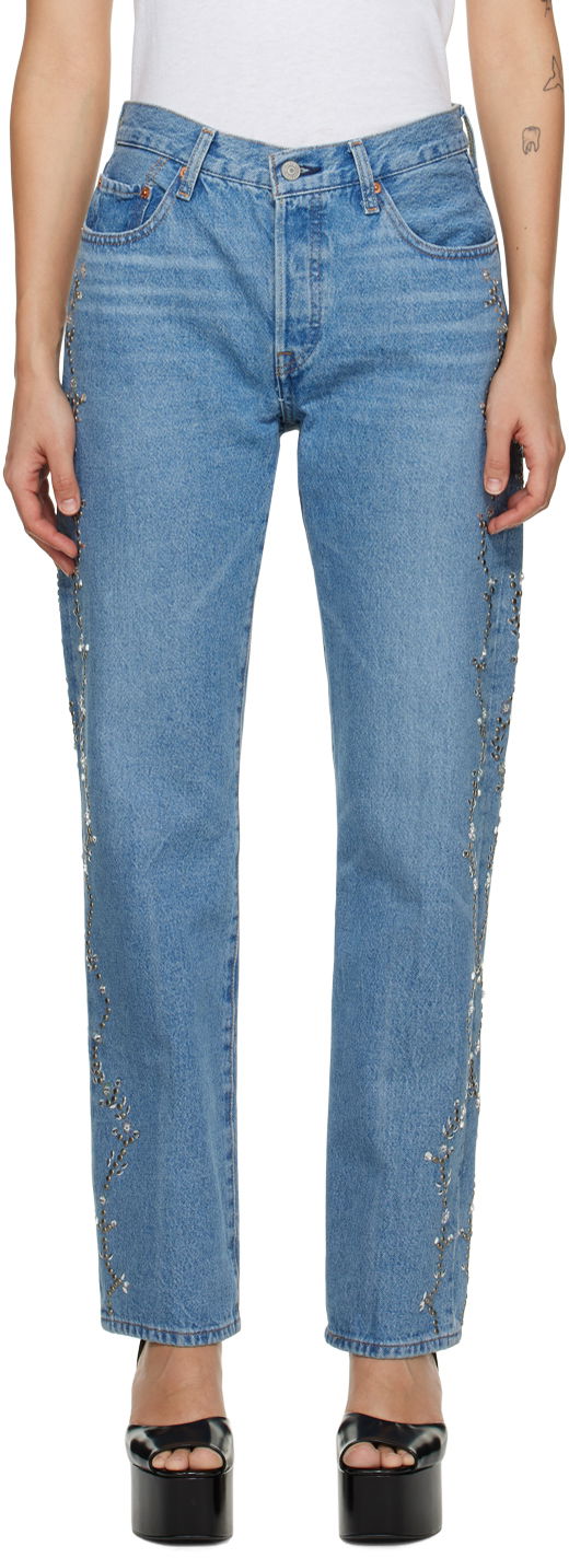 Дънки Anna Sui Exclusive Embroidered Straight Leg Jeans Синьо | 0123F40