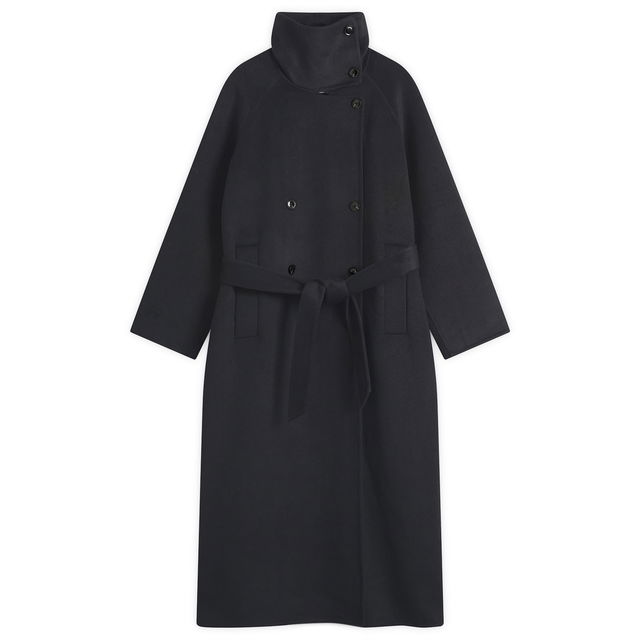 Sahanne Double-Breasted Belted Long Coat with Stand Collar