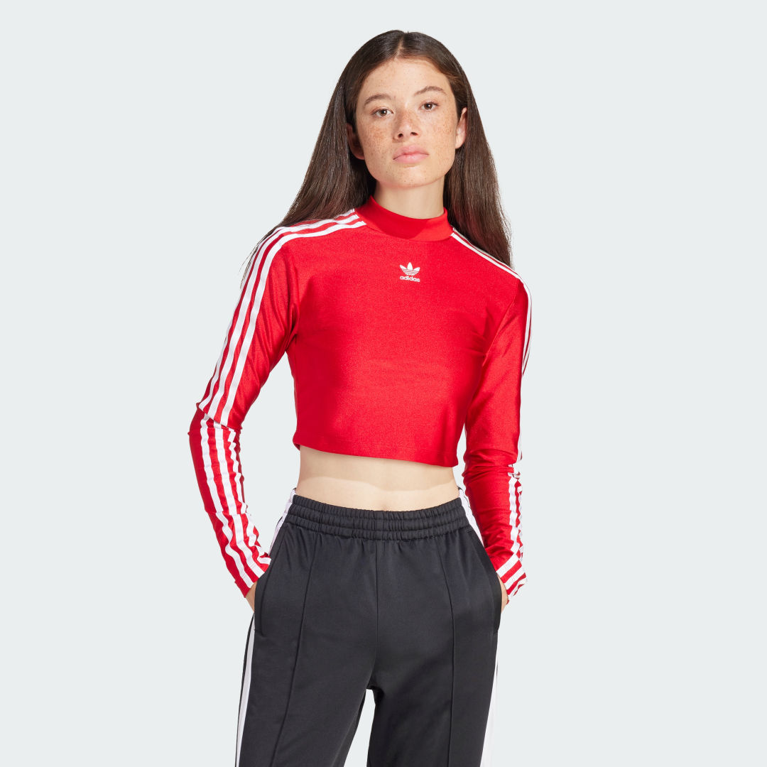 Съкратен топ adidas Originals 3-Stripes Cropped Long Sleeve Tee Червено | IR8132, 1