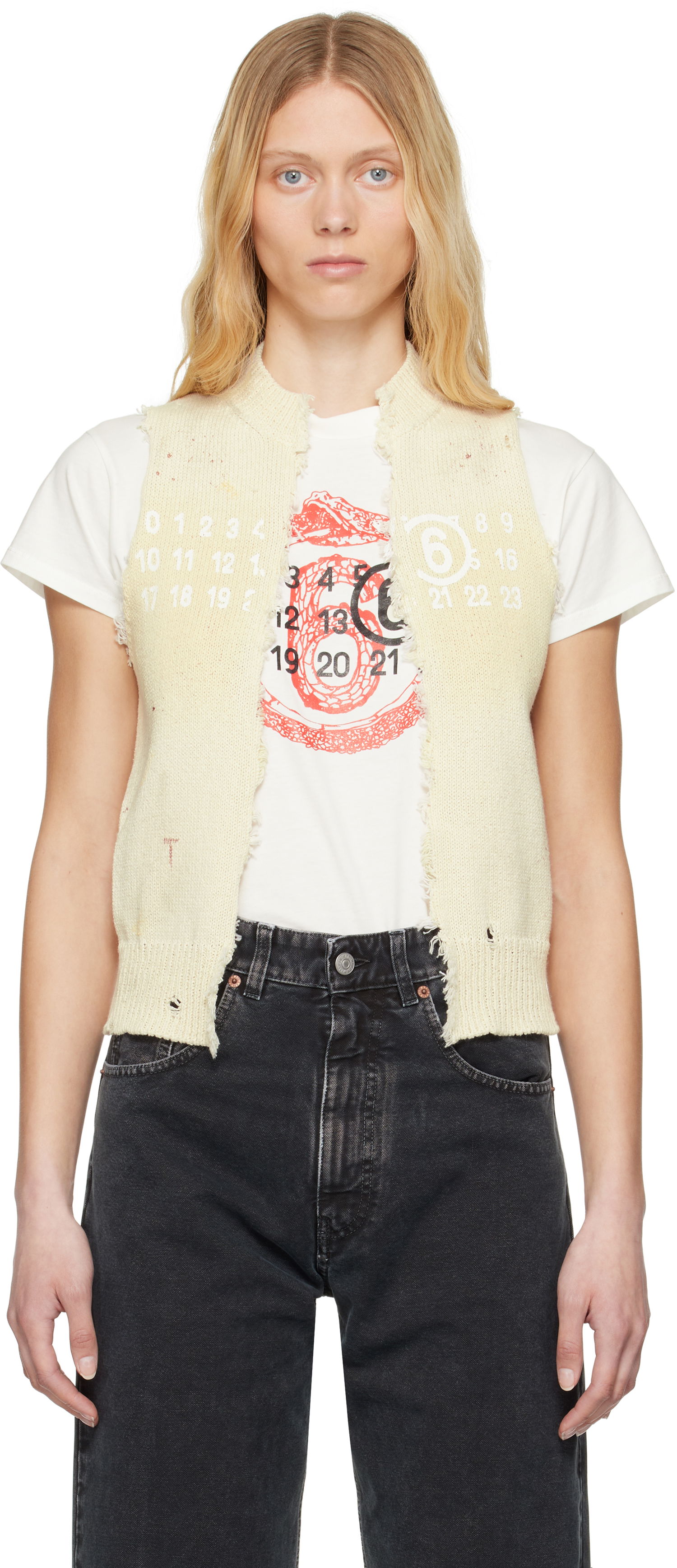 Пуловер Maison Margiela MM6 Maison Margiela Open Cut Printed Vest Бежово | S62FB0075 M13123, 0