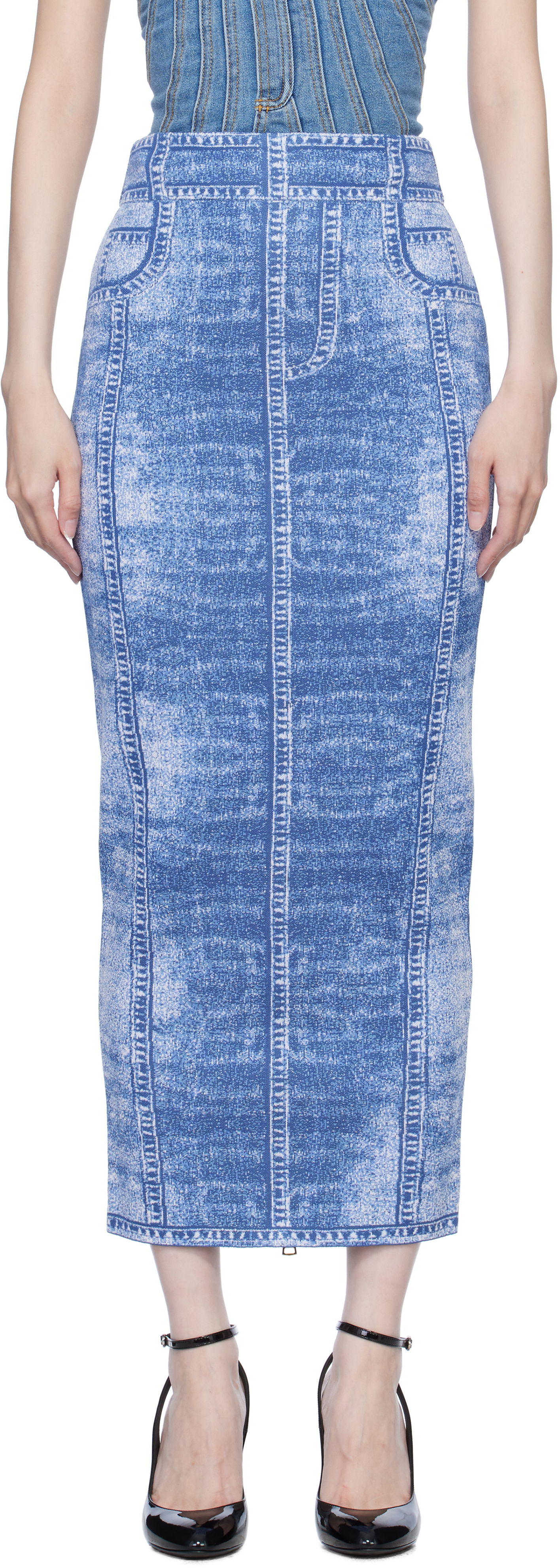 Пола Balmain Denim Effect Knit Midi Skirt Синьо | EF1LD475KH80, 0