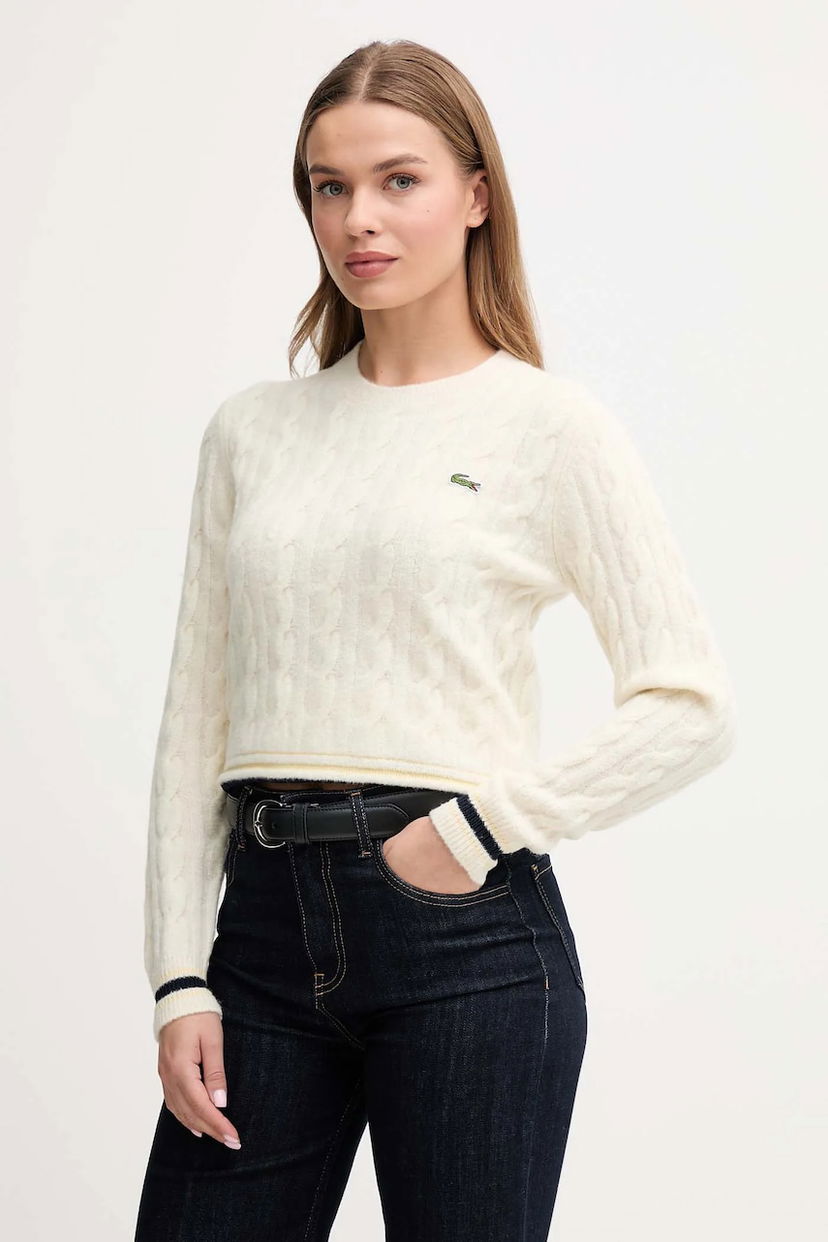 Пуловер Lacoste Wool Blend Cable Knit Cropped Sweater Бяло | AF4159