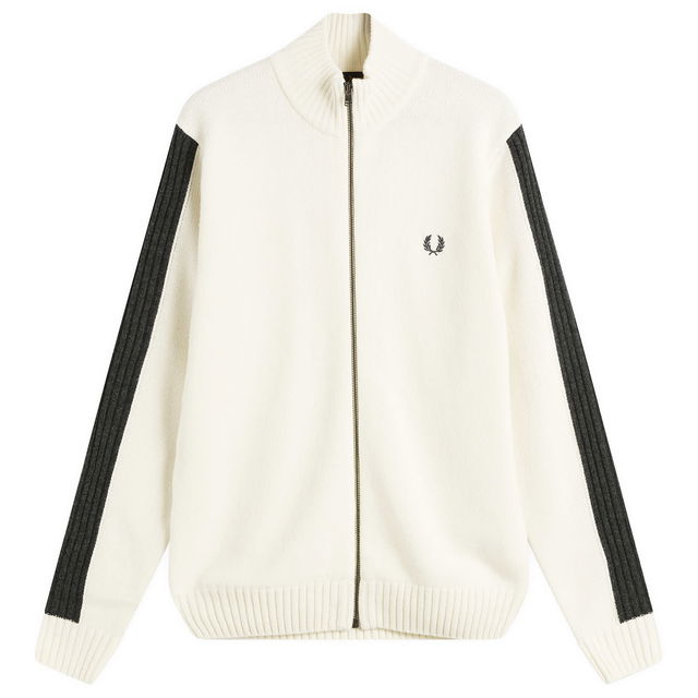 Full-Zip Mock Neck Knit Cardigan with Sleeve Stripes