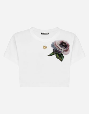 Тениска Dolce & Gabbana Cropped Jersey T-shirt With Flower Appliqué Бяло | F8U99ZGDCB1W0800, 0