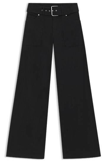 Панталони BOSS Belted Wide-Leg Stretch-Cotton Satin Trousers Черно | 50548143