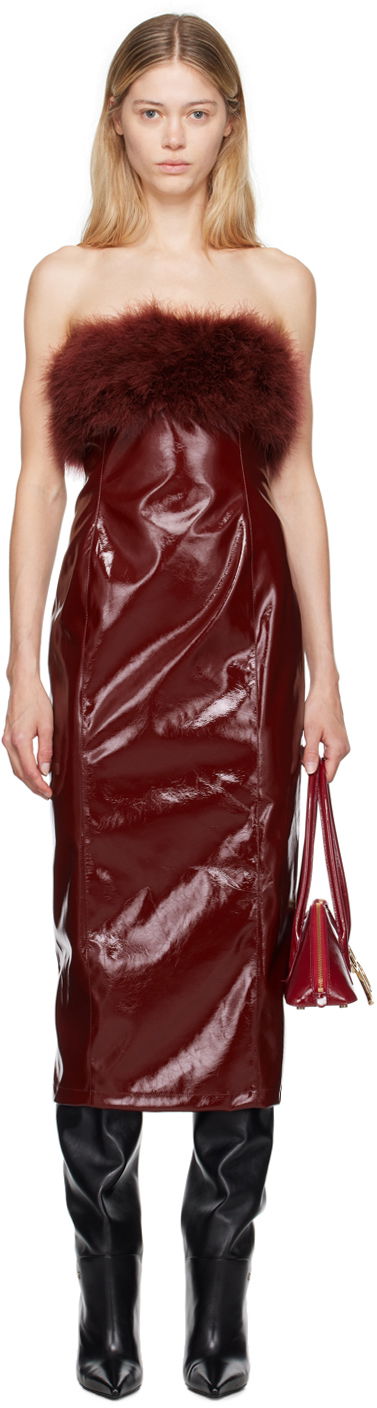 Pокля Blumarine Feather Trim Faux-Leather Midi Dress Бургунди | A422A481A, 0
