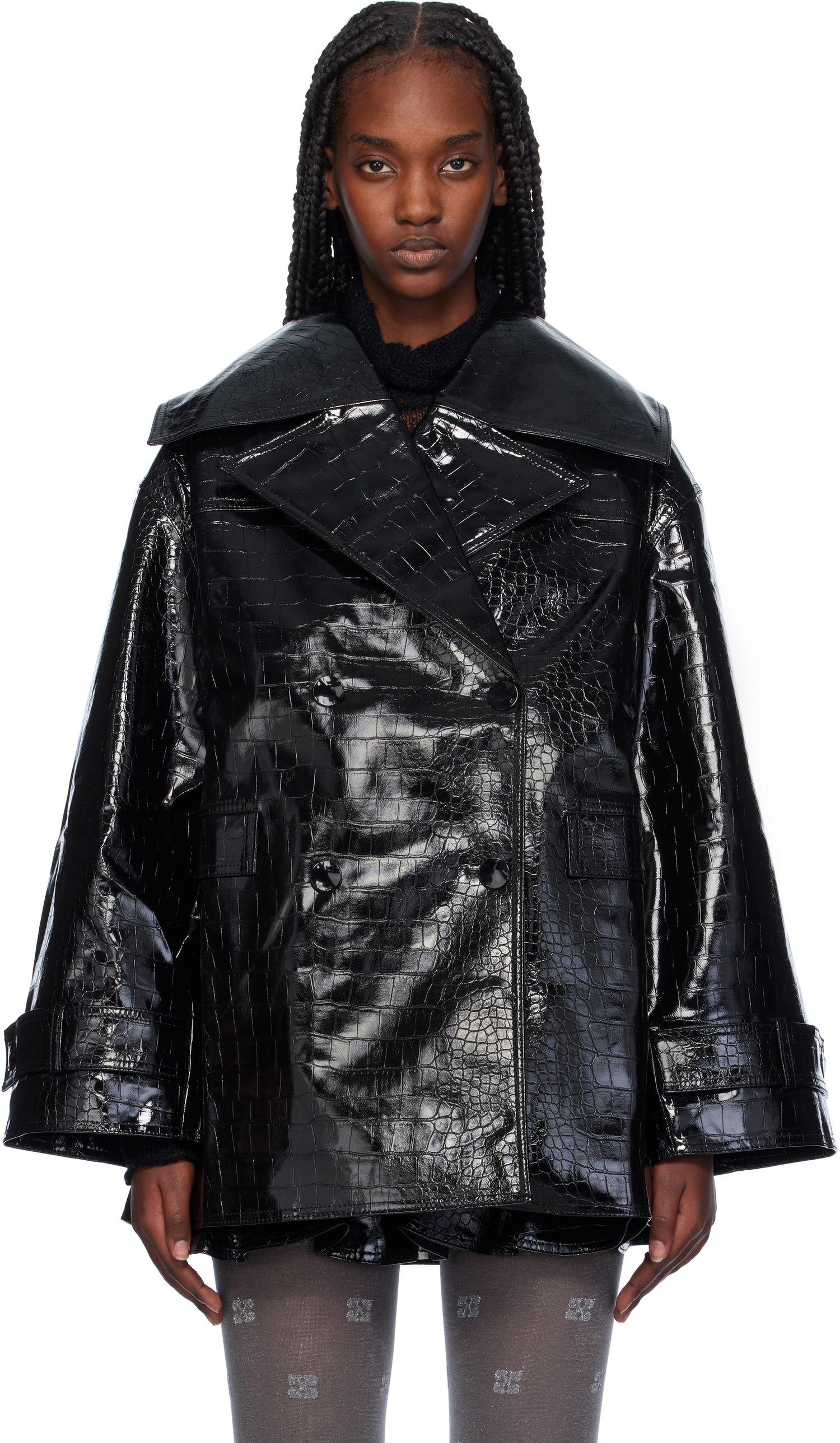 Тренчкот GANNI Croc-Embossed Faux-Leather Blazer Черно | F9463, 0