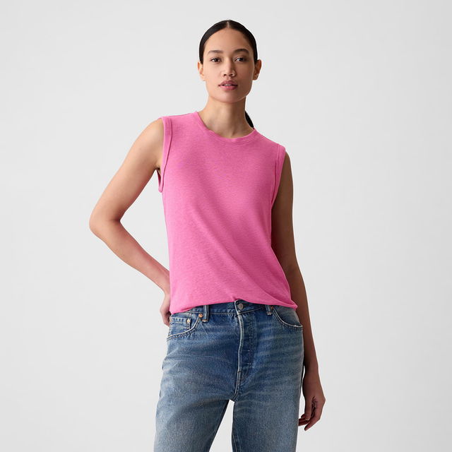 Top Sleeveless Linen Blend Shell Top Standout Pink