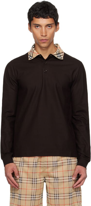Поло тениска Burberry Burberry Long Sleeve Polo with Check Collar Кафяво | 8116012, 0