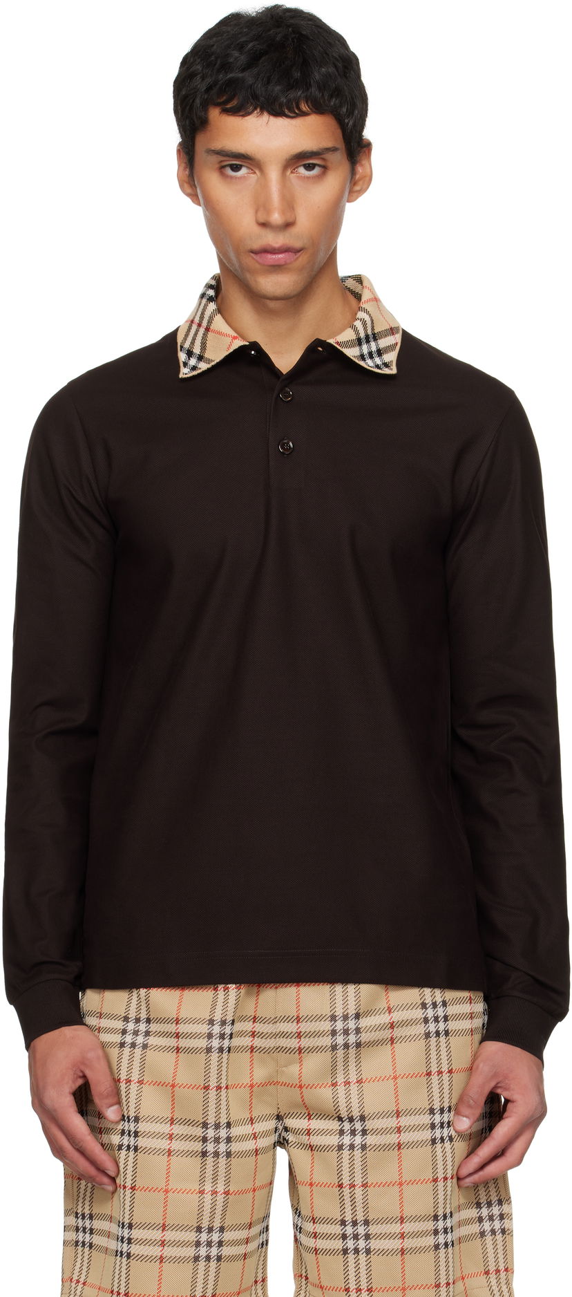 Поло тениска Burberry Burberry Long Sleeve Polo with Check Collar Кафяво | 8116012