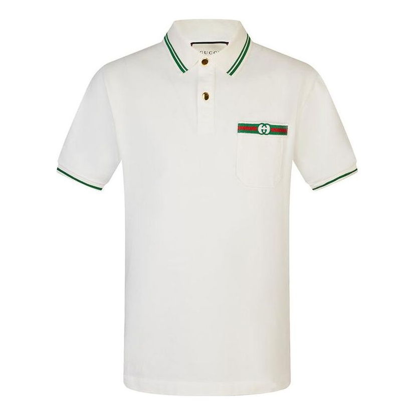 Поло тениска Gucci Embellished Webbing And Interlocking GG Cotton Polo Shirt Бяло | 628339-XJCQR-9061