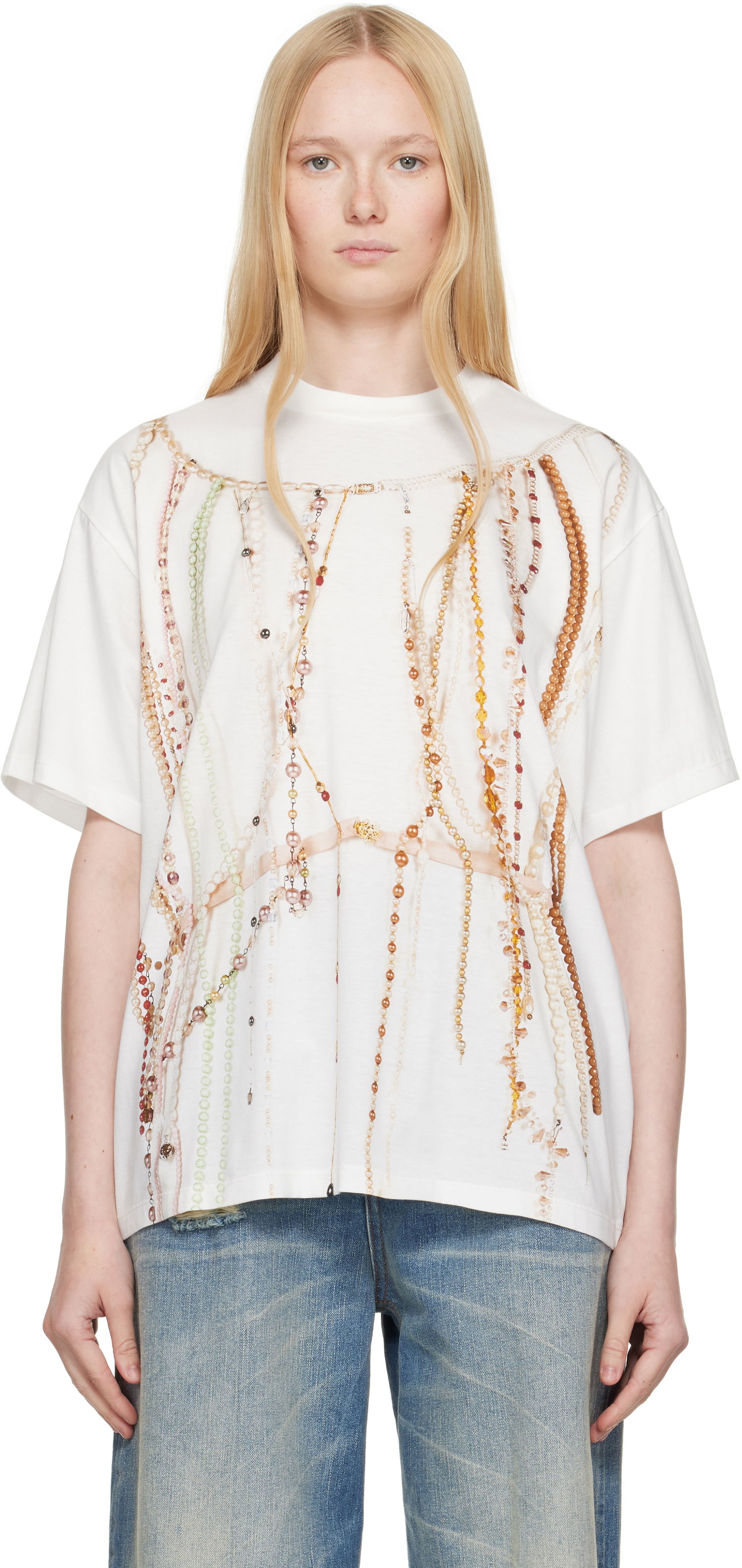 Тениска Maison Margiela MM6 Maison Margiela Jersey T-Shirt with Beaded Graphic Бяло | S62GD0201 M20113, 0