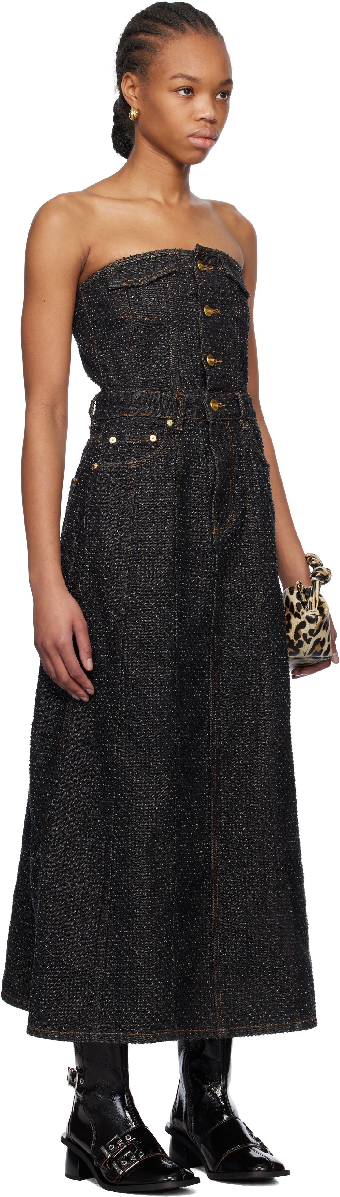 Pокля GANNI Ganni Fluffy Denim Corsage Maxi Dress Черно | J1662, 1