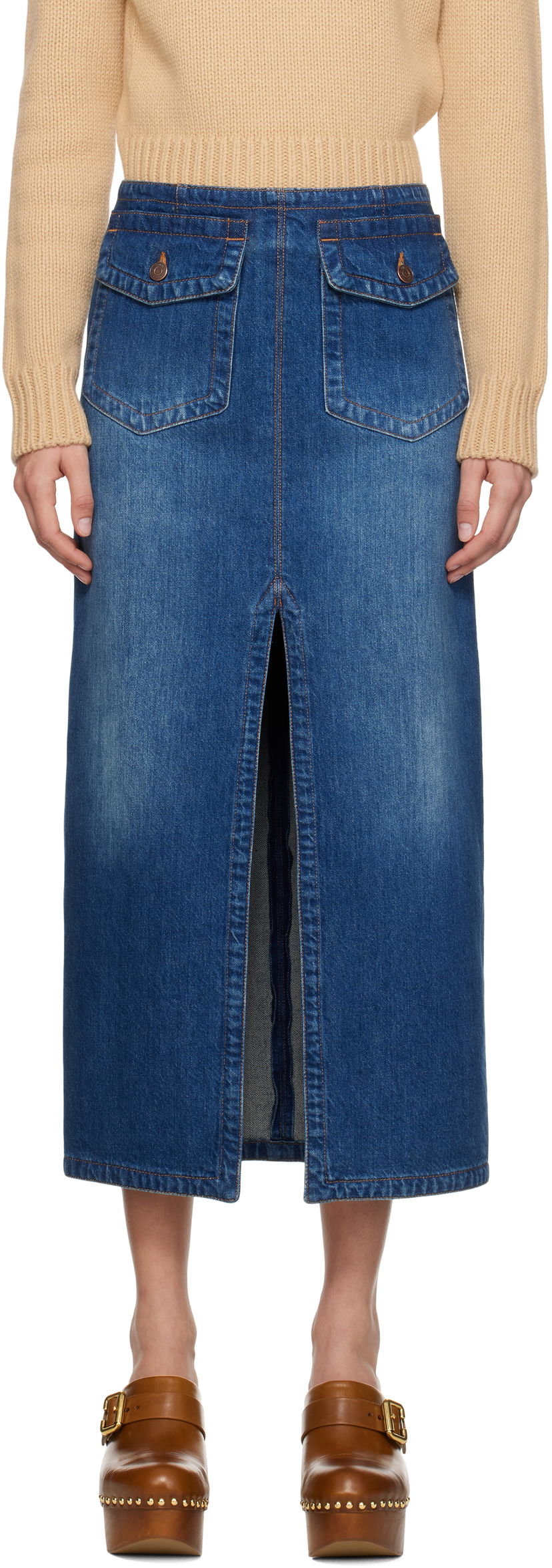 Пола CHLOÉ Front-Slit Denim Midi Skirt Синьо | CH24WDJ01150