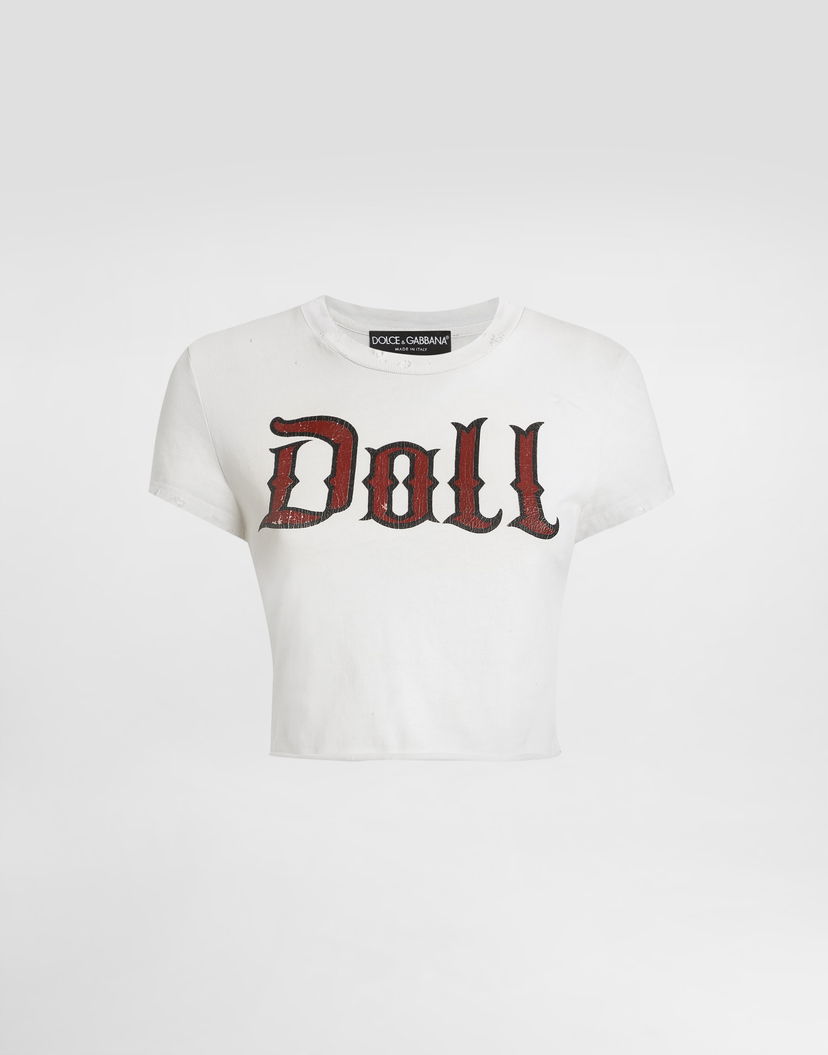 Съкратен топ Dolce & Gabbana Dolce & Gabbana Doll Print Cropped Jersey T-Shirt Бяло | F8V95TGDDGSS9000
