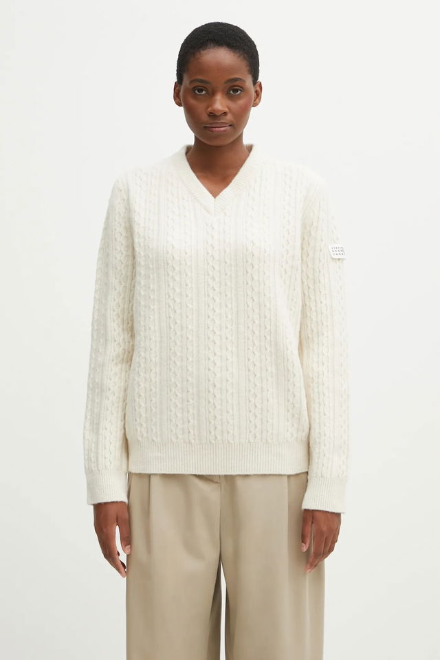 V-neck Cable Knit Wool Blend Sweater