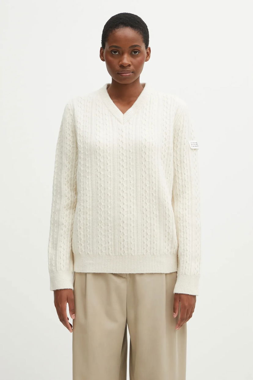 Пуловер Maison Margiela V-neck Cable Knit Wool Blend Sweater Бяло | S62HN0008.M13195.102