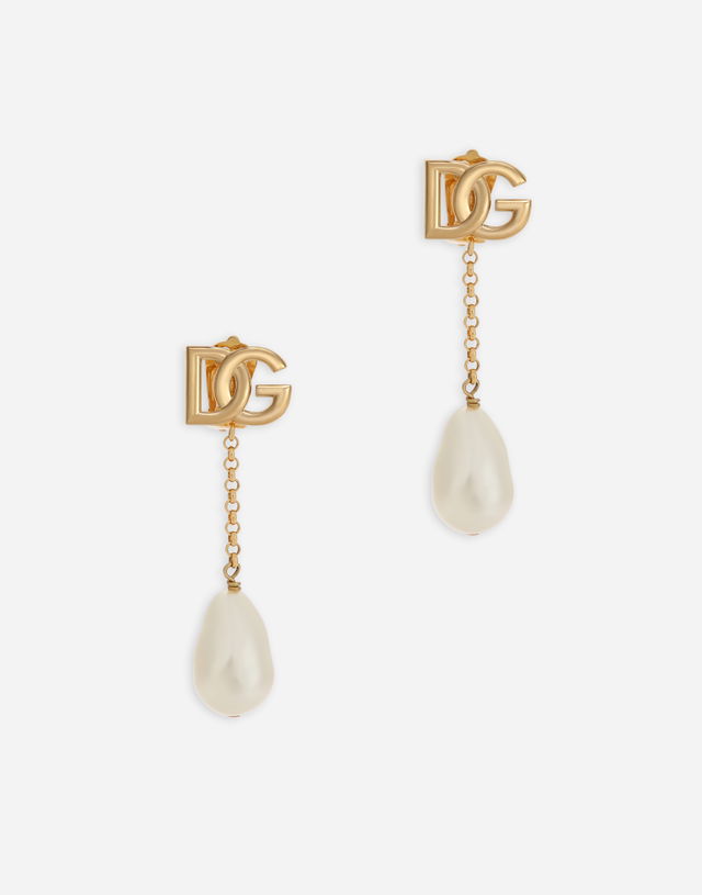 Dolce & Gabbana Gold Metal Dg Logo Pearl Drop Earrings