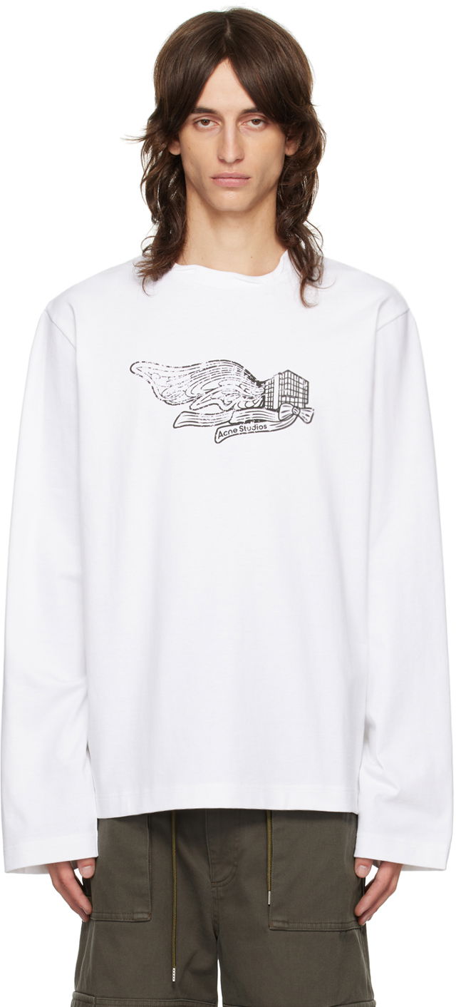 White Printed-Logo Long Sleeve T-Shirt