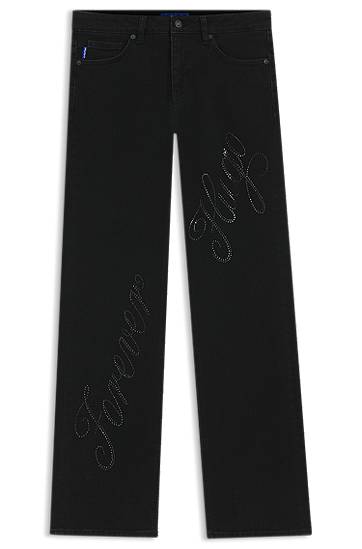 Дънки BOSS Slim-fit Denim Jeans with Rhinestone Slogan Черно | 50546333, 0