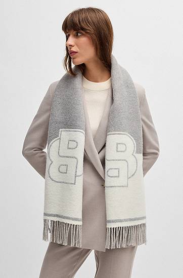 Шал BOSS Wool Blend Scarf with Double B Monogram Сиво | 50533865, 1