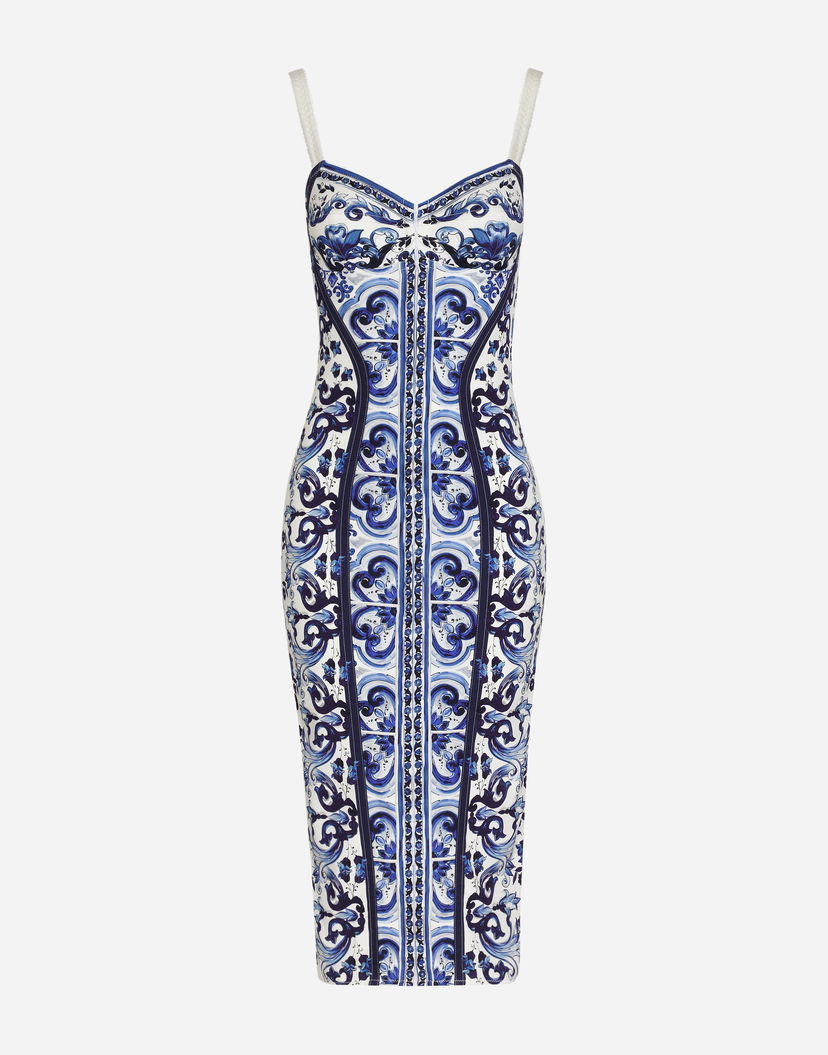 Pокля Dolce & Gabbana Dolce & Gabbana Majolica Print Charmeuse Bustier Midi Dress Синьо | F6R3OTHPABOHA3TN