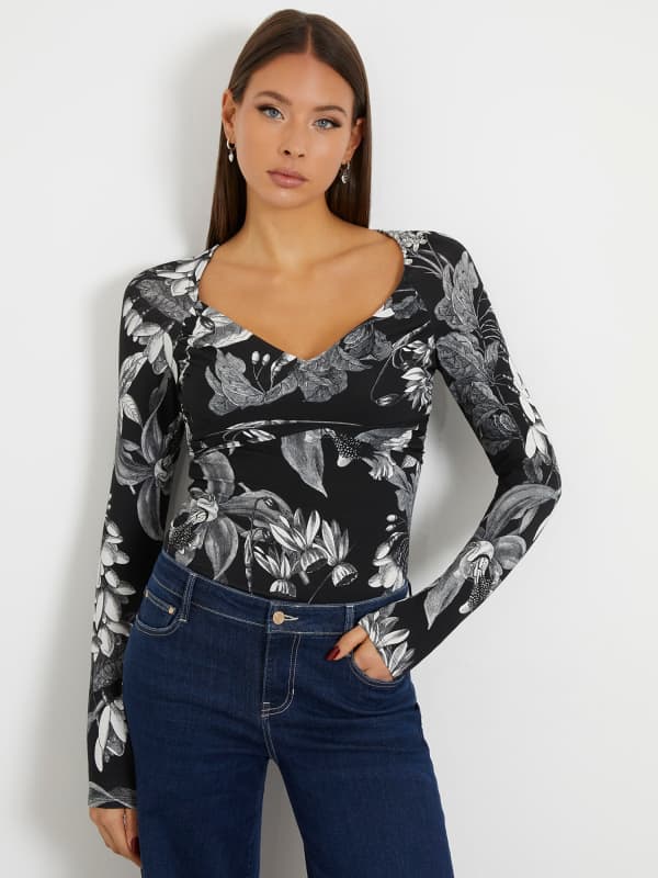 Тениска GUESS Floral Print Top Черно | W4RP09K49A1, 0