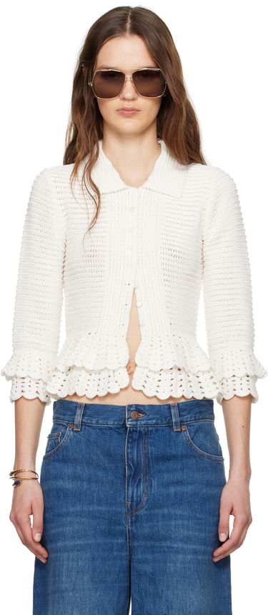 Пуловер CHLOÉ Chloé Fitted Ruffled Cropped Cardigan Бяло | CH25UMP05545, 0