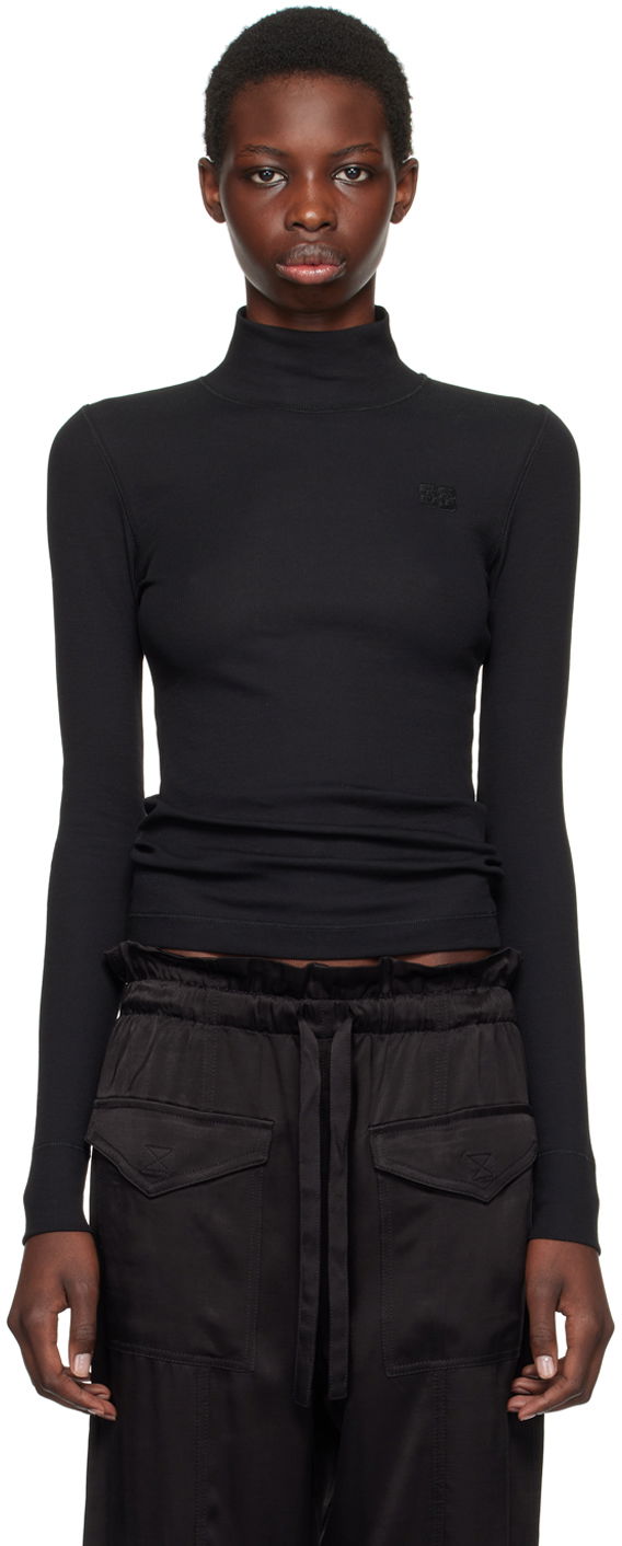 Тениска GANNI Black Logo-Embroidered Long Sleeve T-shirt Черно | T4026, 0