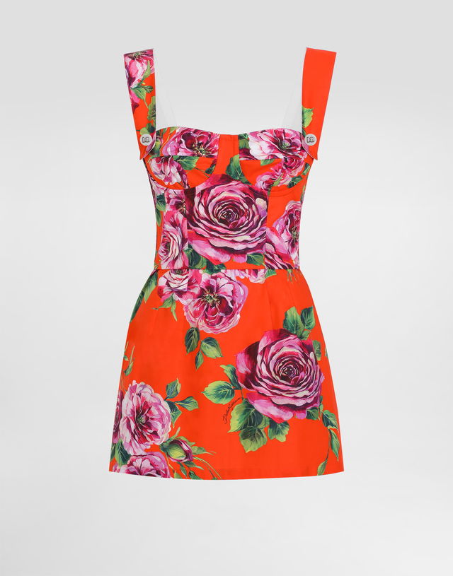 Dolce & Gabbana Rose Print Cotton Corset Mini Dress