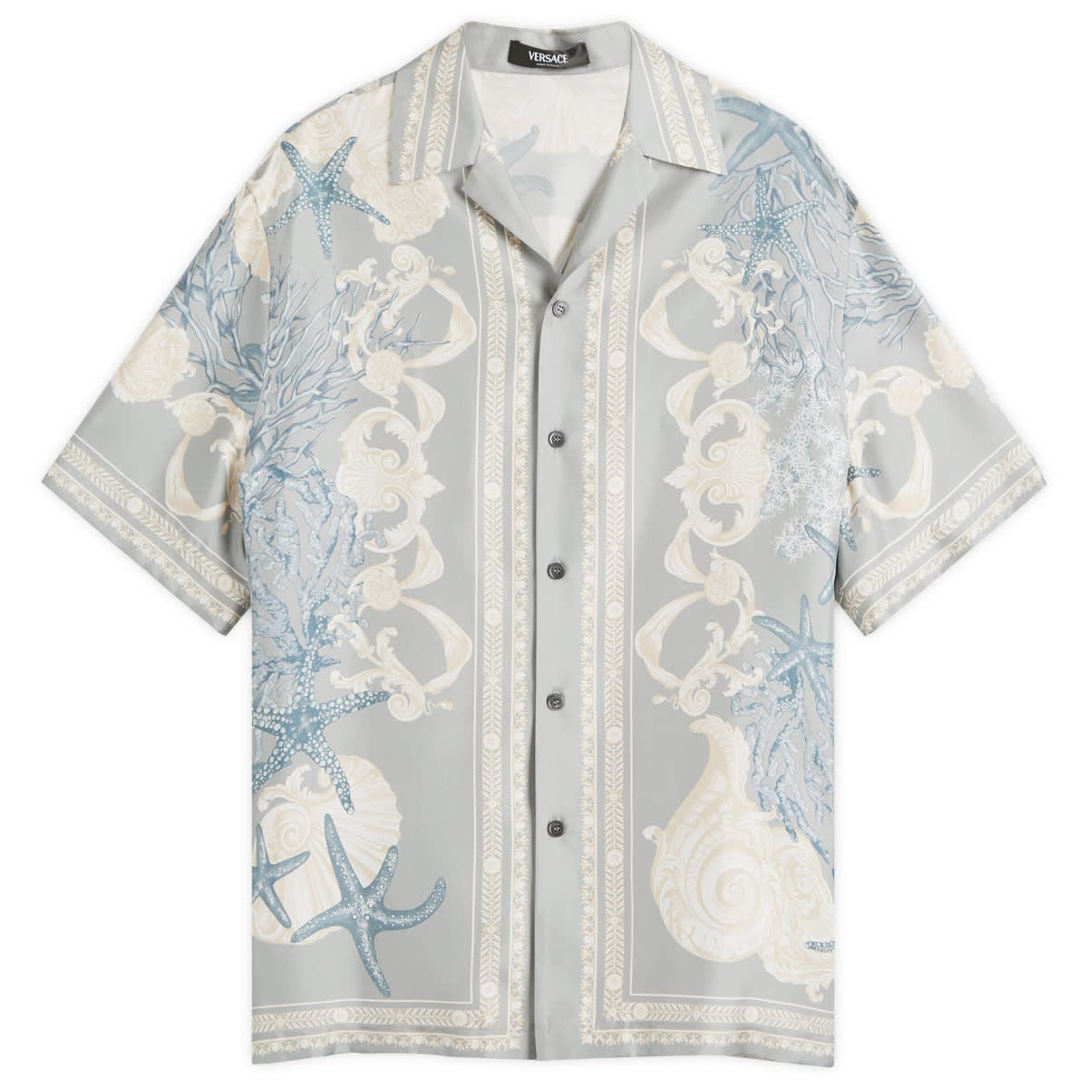 Риза Versace Men's Baroque Silk Vacation Shirt in Cocrete Dusty Blue Bone, Size 46 | END. Clothing Сиво | 1003926-1A11093-5E360, 0