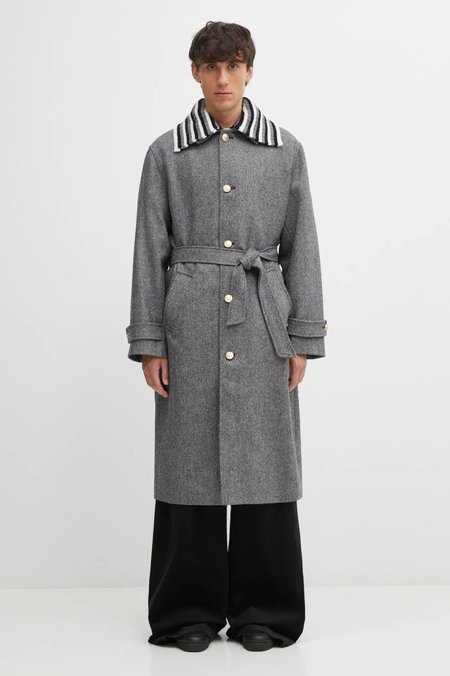 Le Manteau Tweed Belted Coat with Striped Collar