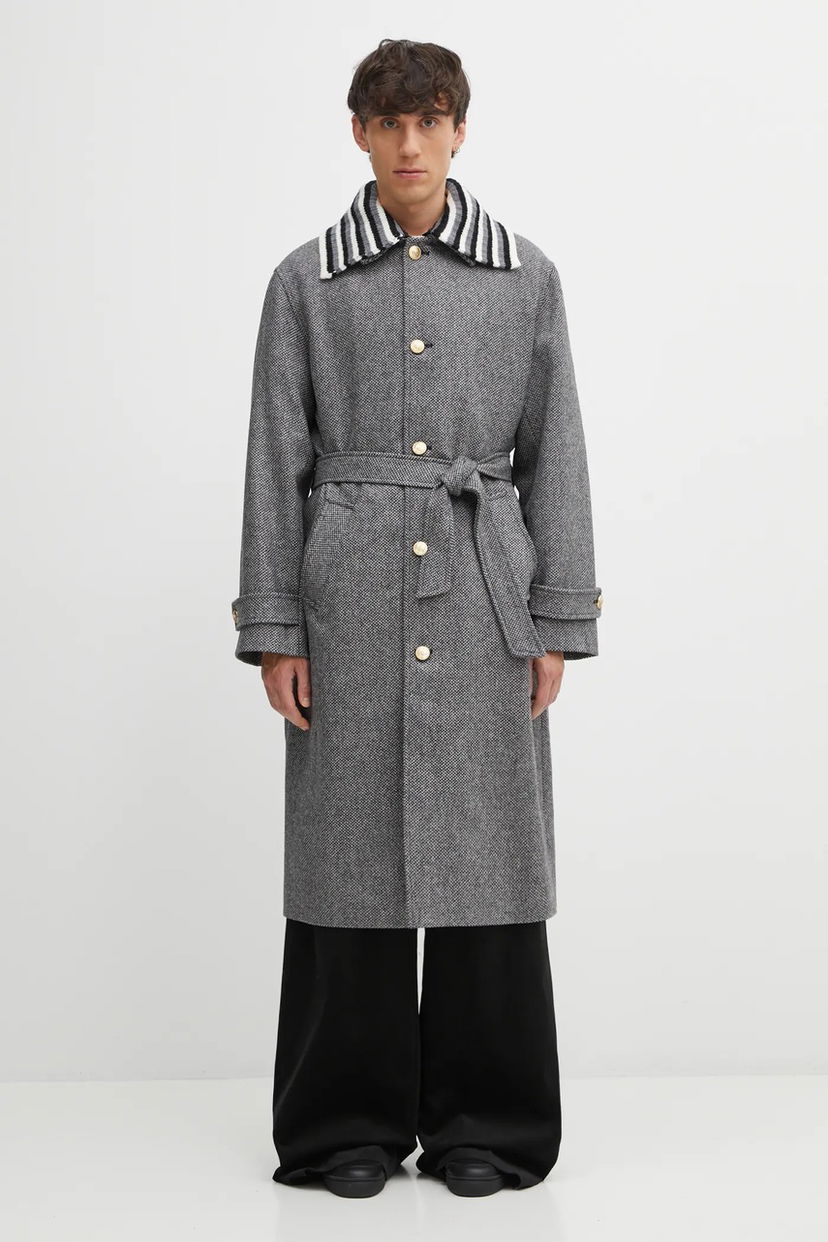 Палта Drôle de Monsieur Le Manteau Tweed Belted Coat with Striped Collar Сиво | I.CT147.WV014