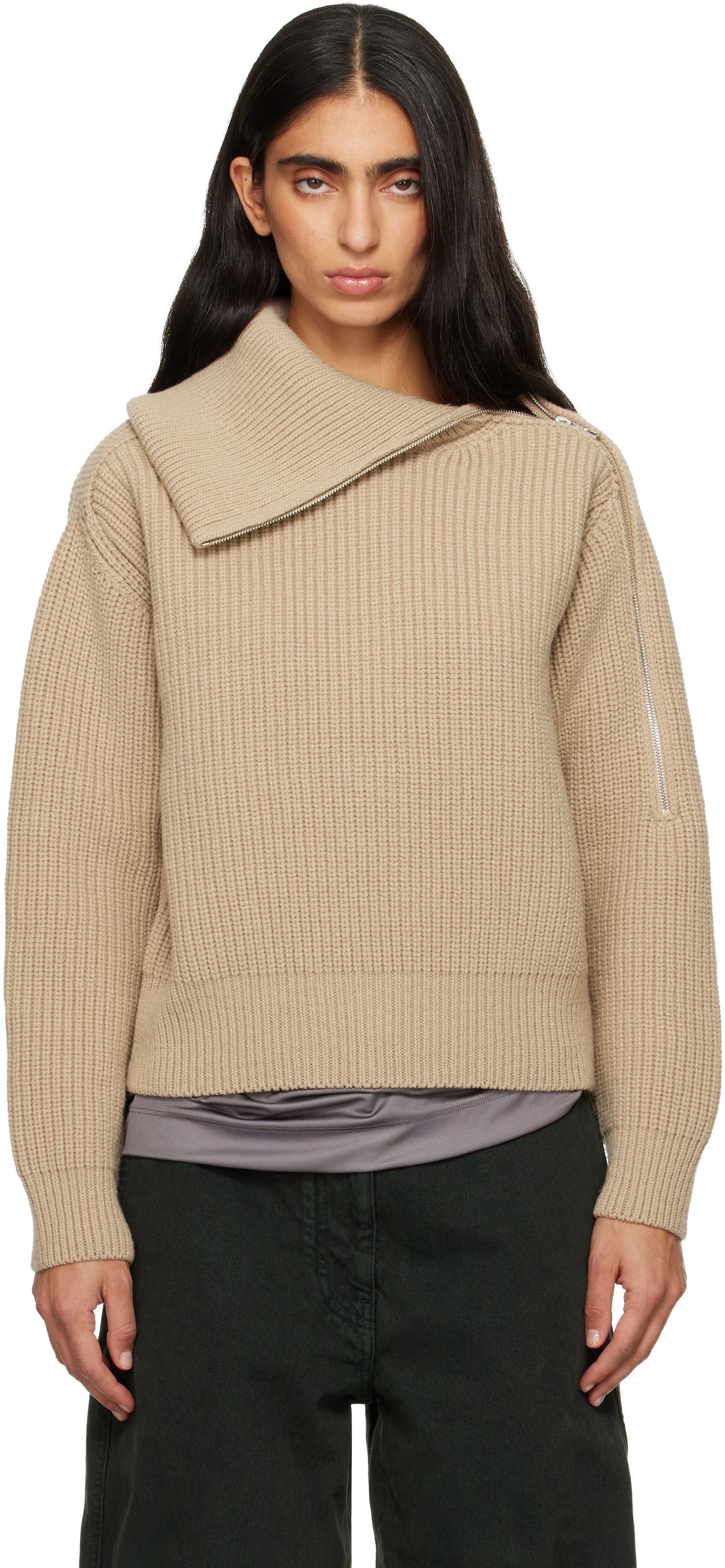 Пуловер Dries Van Noten Dries Van Noten Ribbed Wool Knit Sweater with Asymmetric Zipped Collar Бежово | 252-011235-2707, 0