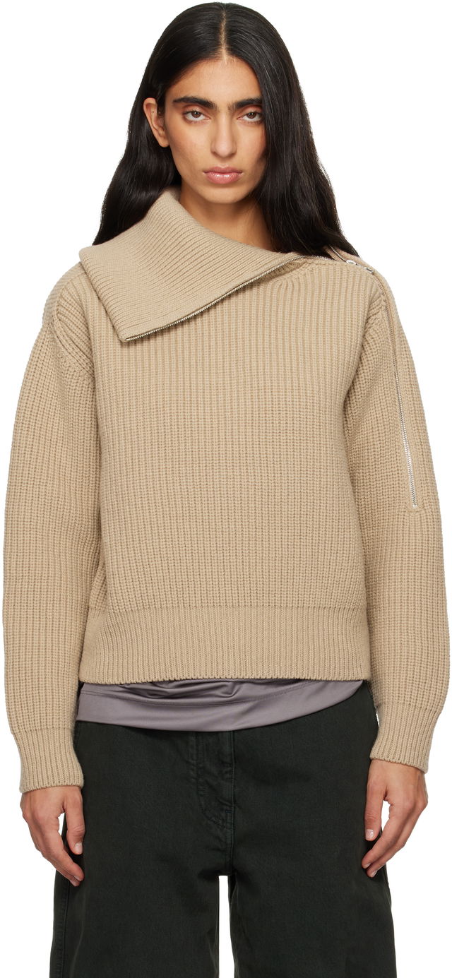 Dries Van Noten Ribbed Wool Knit Sweater with Asymmetric Zipped Collar