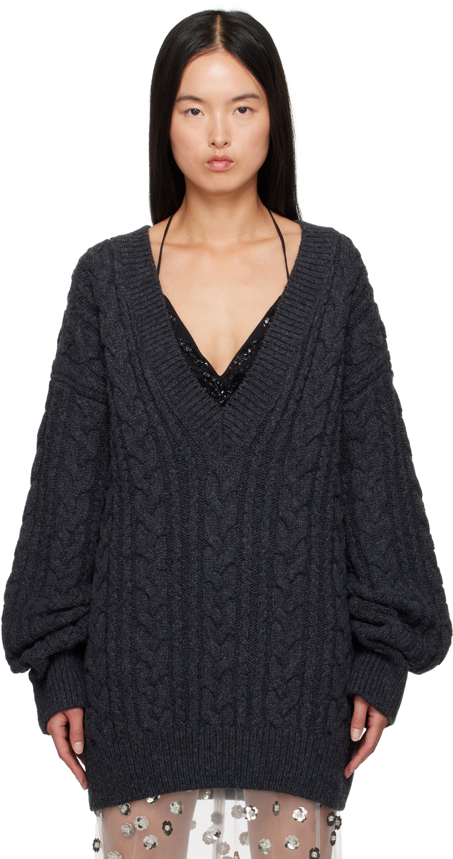 Пуловер Cecilie Bahnsen Alia V-Neck Knit Sweater Сиво | 3.24KNI51005 ALIA JUMPER, 0
